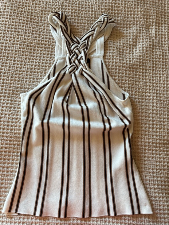 White House Black Market Tops - White House Black Market Ivory Tank Top with Brown Stripes and Braided Halter